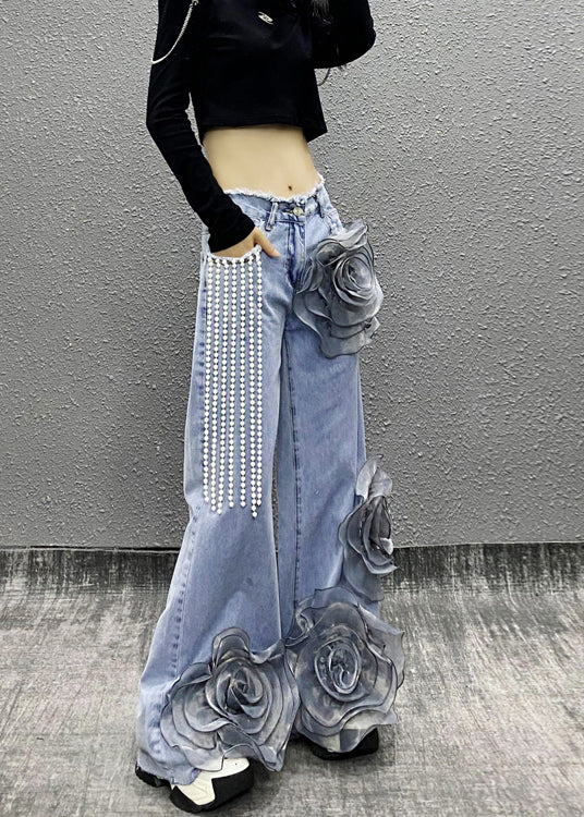 Fashion Blue Pockets Floral Bead Tassel Denim Pants Fall RI013 ABC