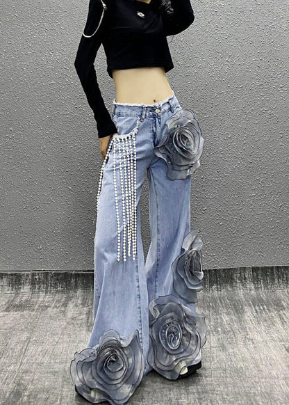 Fashion Blue Pockets Floral Bead Tassel Denim Pants Fall RI013 ABC