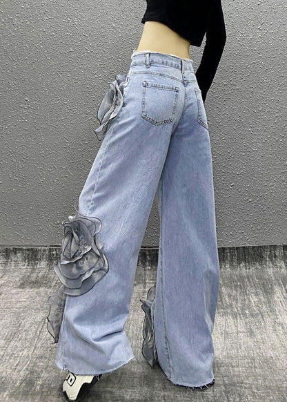 Fashion Blue Pockets Floral Bead Tassel Denim Pants Fall RI013 ABC