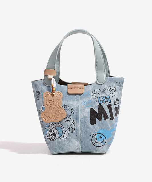 Denim Bucket Blue Print Fashion Patchwork Bag FashionChic