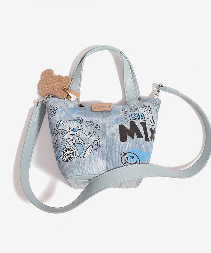 Denim Bucket Blue Print Fashion Patchwork Bag FashionChic