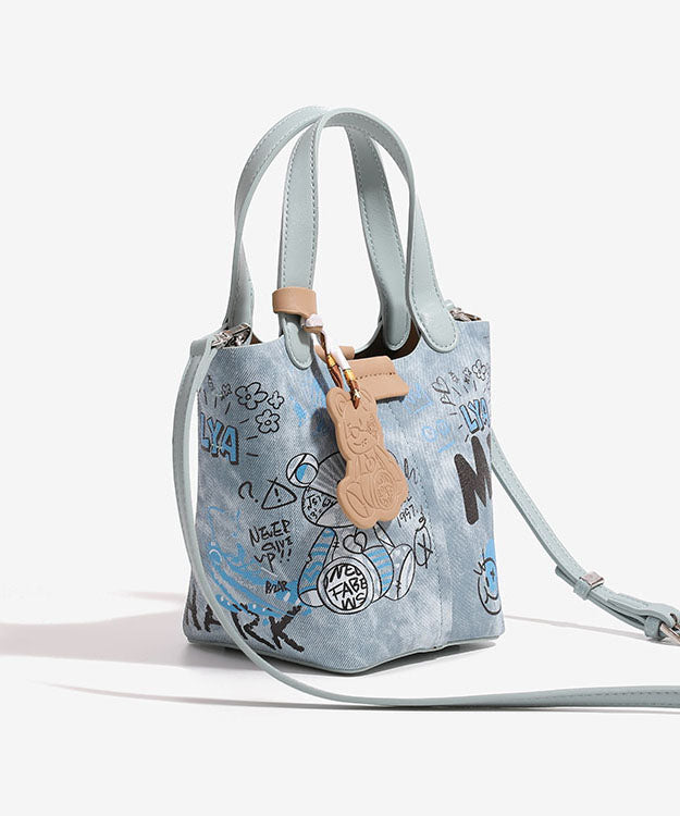 Denim Bucket Blue Print Fashion Patchwork Bag FashionChic