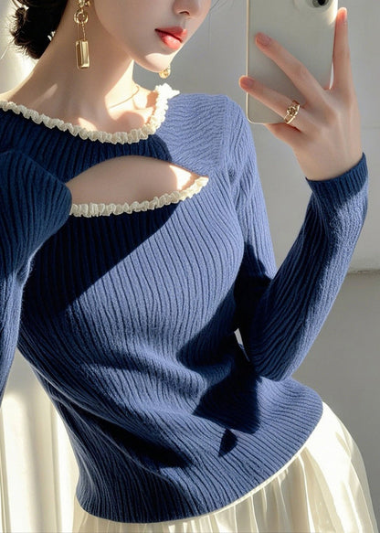 Fashion Blue Ruffled Hollow Out Knit Sweater Spring TO006