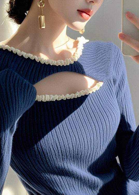 Fashion Blue Ruffled Hollow Out Knit Sweater Spring TO006