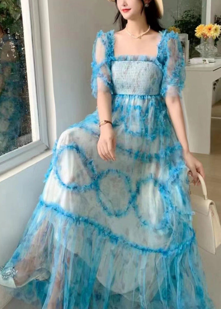 Fashion Blue Square Collar Ruffled Print Tulle Long Dress Summer XX075 SH-LF-SDL240611