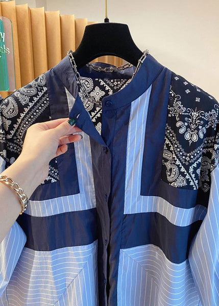 Fashion Blue Stand Collar Print Patchwork Shirt Fall UU039 OM-MM240820