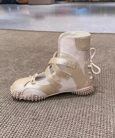 Nude Up Fashion Lace Bow Leather Shoes Faux Splicing Flats FashionChic