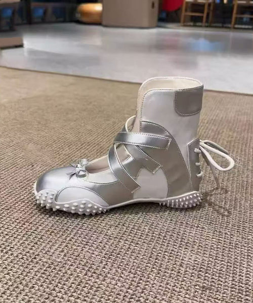 Nude Up Fashion Lace Bow Leather Shoes Faux Splicing Flats FashionChic