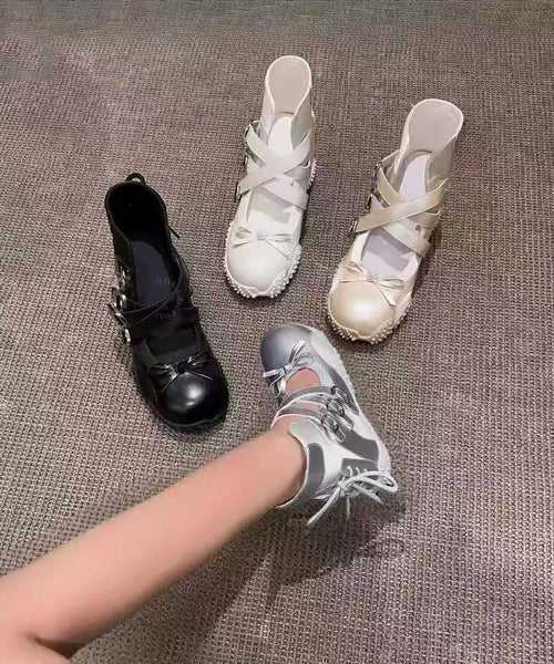 Nude Up Fashion Lace Bow Leather Shoes Faux Splicing Flats FashionChic