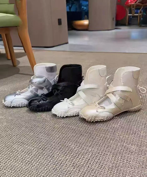 Nude Up Fashion Lace Bow Leather Shoes Faux Splicing Flats FashionChic