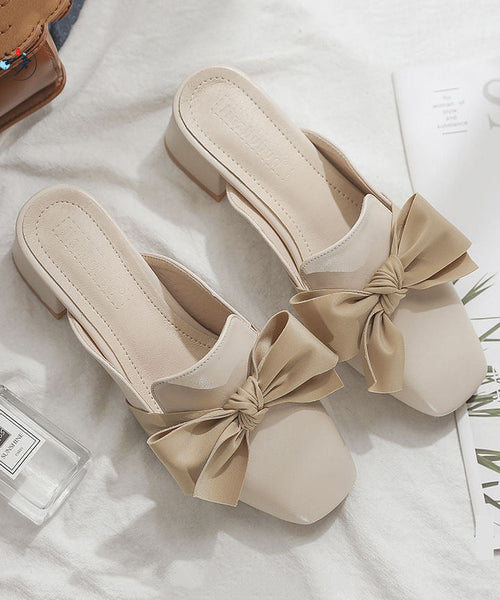 Fashion Bow Splicing Chunky Heel Beige Faux Leather XC1008 Ada Fashion