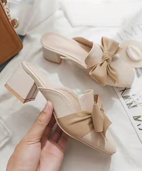 Fashion Bow Splicing Chunky Heel Beige Faux Leather XC1008 Ada Fashion