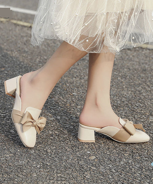 Fashion Bow Splicing Chunky Heel Beige Faux Leather XC1008 Ada Fashion