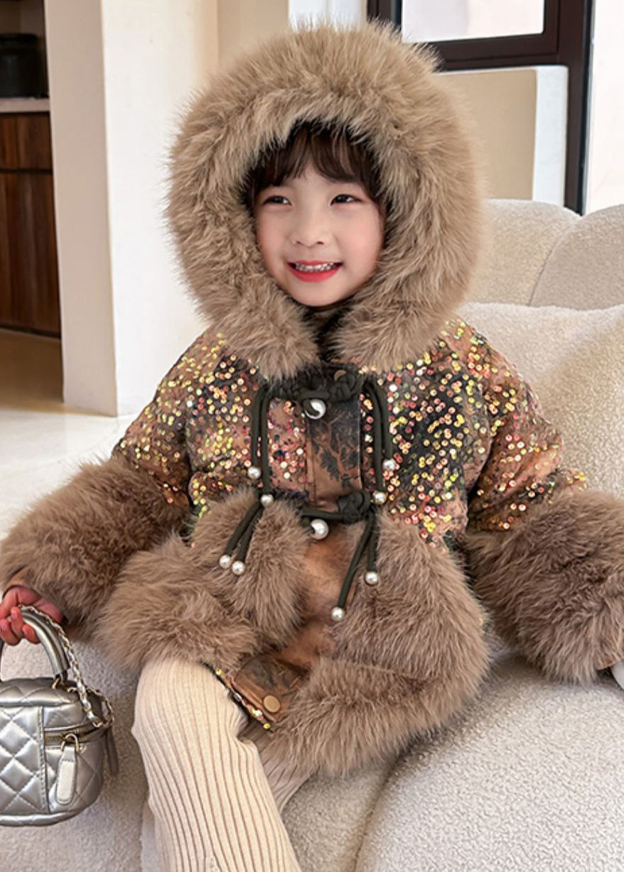 Fashion Brown Fur Collar Sequins Patchwork Kids Hoodies Leather And Fur Coats WinterTG025