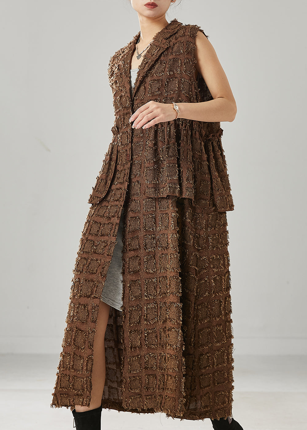 Fashion Brown Ruffled Cotton Long Vests Spring YU1003 Ada Fashion