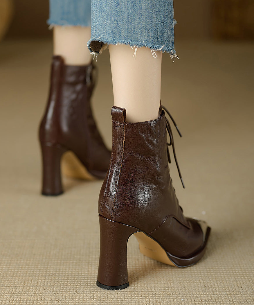 Fashion Brown Sheepskin Splicing Chunky Heel Boots Cross Strap TE003 ABC