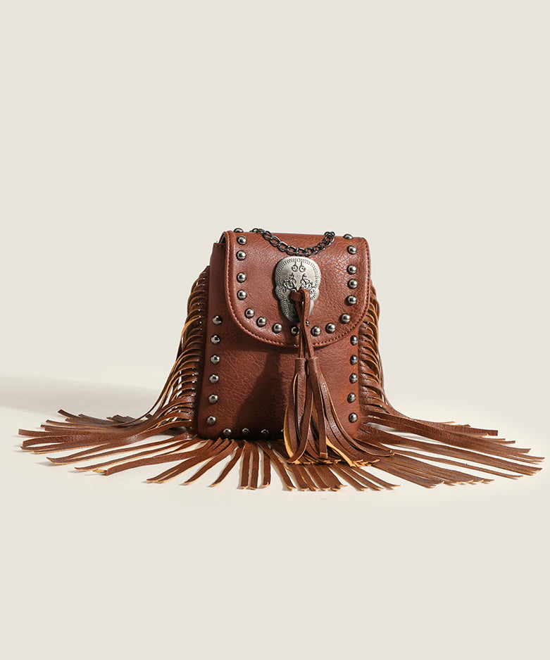 Fashion Brown Tasseled Rivet Faux Leather Messenger Bag QF007 Bag-BGS241017