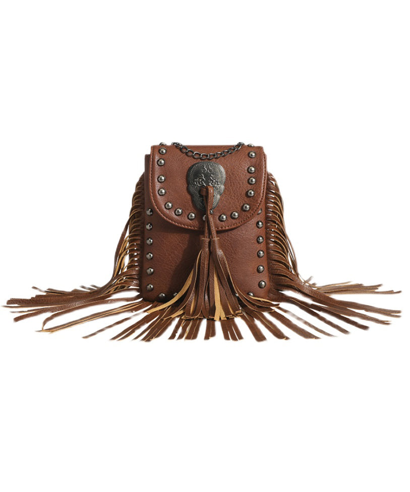 Fashion Brown Tasseled Rivet Faux Leather Messenger Bag QF007 Bag-BGS241017