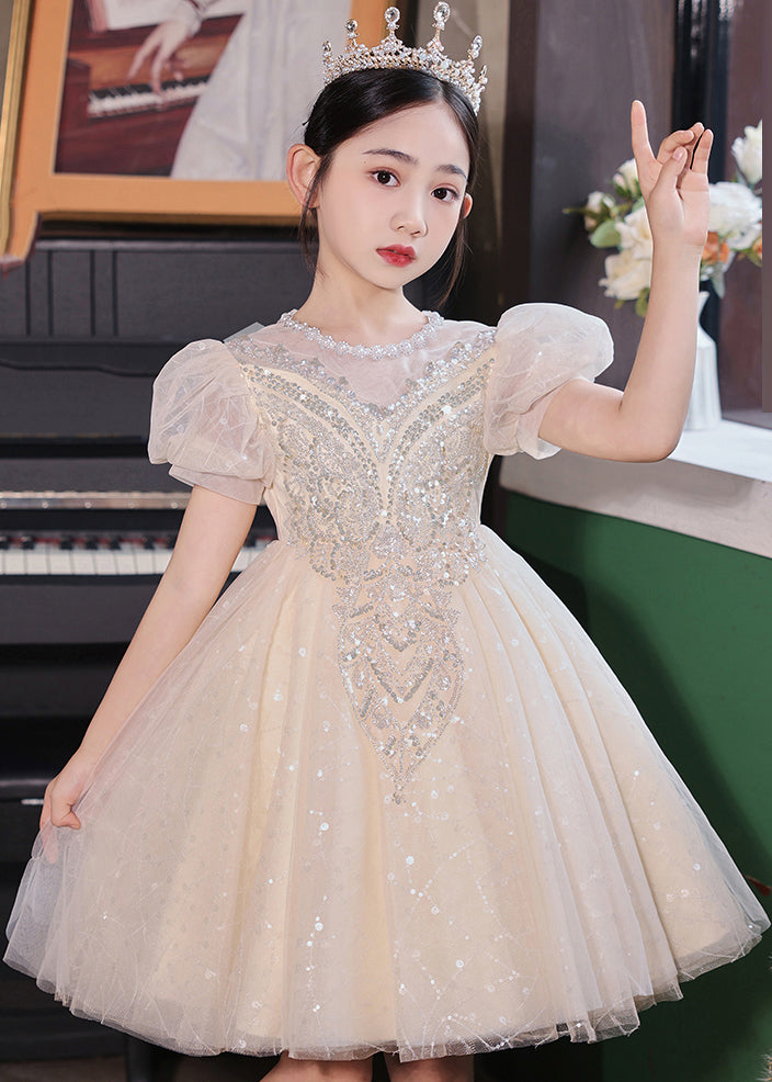 Fashion Champagne O-Neck Patchwork Sequins Tulle Kids Long Dresses Summer XZ041 SDGL240618