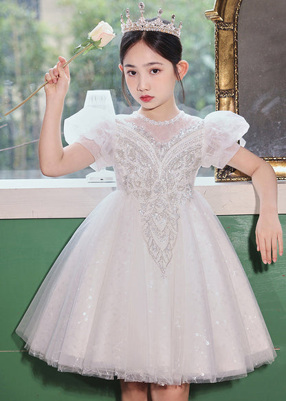 Fashion Champagne O-Neck Patchwork Sequins Tulle Kids Long Dresses Summer XZ041 SDGL240618