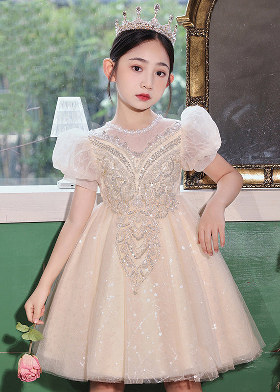 Fashion Champagne O-Neck Patchwork Sequins Tulle Kids Long Dresses Summer XZ041 SDGL240618