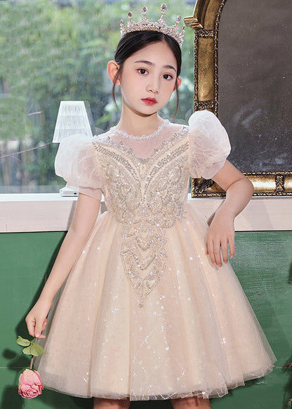 Fashion Champagne O-Neck Patchwork Sequins Tulle Kids Long Dresses Summer XZ041 SDGL240618