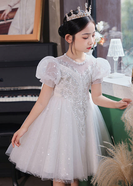 Fashion Champagne O-Neck Patchwork Sequins Tulle Kids Long Dresses Summer XZ041 SDGL240618