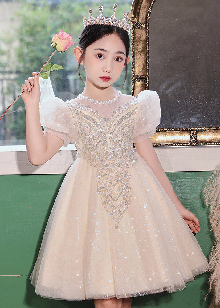 Fashion Champagne O-Neck Patchwork Sequins Tulle Kids Long Dresses Summer XZ041 SDGL240618