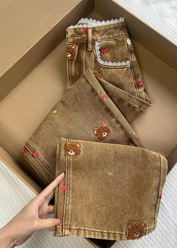 Fashion Coffee Embroidered Lace Patchwork Denim Straight Pants Spring TN023 ABC