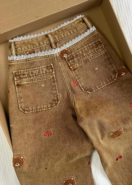 Fashion Coffee Embroidered Lace Patchwork Denim Straight Pants Spring TN023 ABC