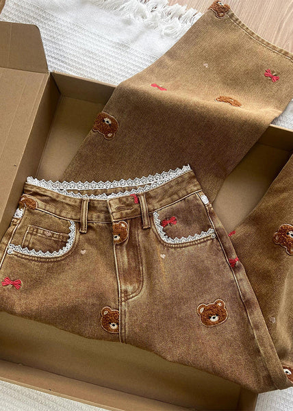 Fashion Coffee Embroidered Lace Patchwork Denim Straight Pants Spring TN023 ABC