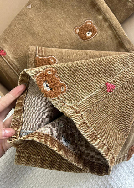 Fashion Coffee Embroidered Lace Patchwork Denim Straight Pants Spring TN023 ABC