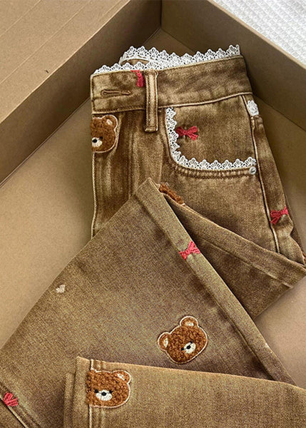 Fashion Coffee Embroidered Lace Patchwork Denim Straight Pants Spring TN023 ABC