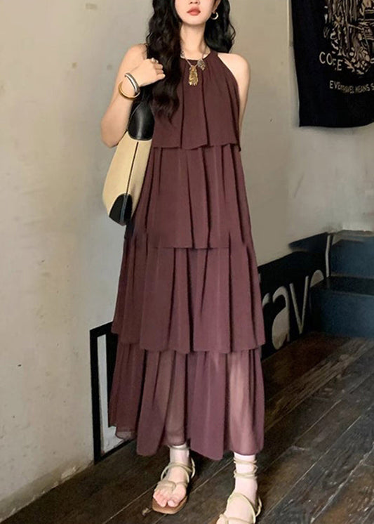 Fashion Coffee O Neck Layered Wrinkled Patchwork Chiffon Dresses Sleeveless XX020 SH-LF-SDL240611