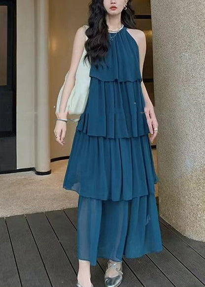 Fashion Coffee O Neck Layered Wrinkled Patchwork Chiffon Dresses Sleeveless XX020 SH-LF-SDL240611