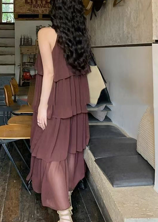 Fashion Coffee O Neck Layered Wrinkled Patchwork Chiffon Dresses Sleeveless XX020 SH-LF-SDL240611