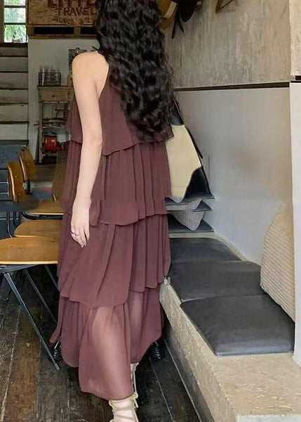 Fashion Coffee O Neck Layered Wrinkled Patchwork Chiffon Dresses Sleeveless XX020 SH-LF-SDL240611