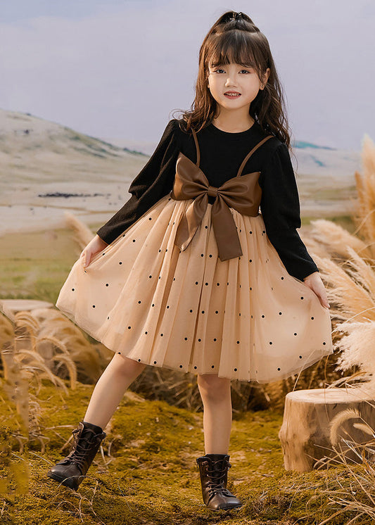 Fashion Colorblock O-Neck Bow Dot Patchwork Tulle Kids Vacation Maxi Dresses Spring TG009