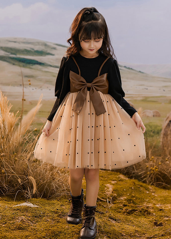 Fashion Colorblock O-Neck Bow Dot Patchwork Tulle Kids Vacation Maxi Dresses Spring TG009