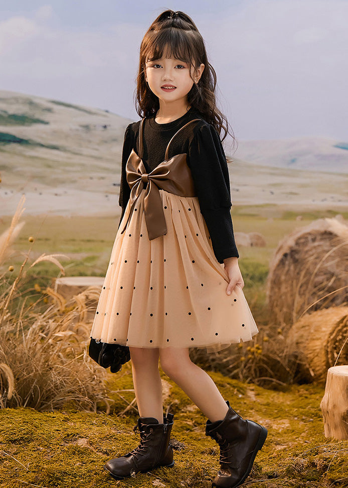 Fashion Colorblock O-Neck Bow Dot Patchwork Tulle Kids Vacation Maxi Dresses Spring TG009