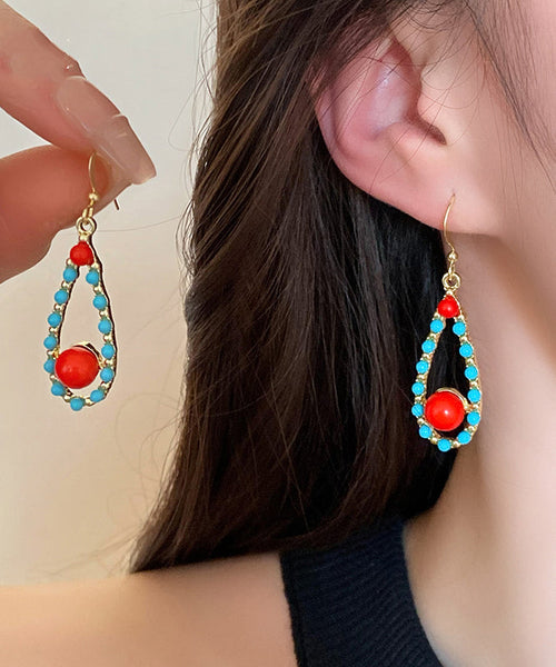 Fashion Colorblock Sterling Silver Overgild Inlaid Turquoise Agate Water Drop Drop Earrings ZZ010 JEW-EAR240613