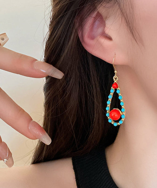 Fashion Colorblock Sterling Silver Overgild Inlaid Turquoise Agate Water Drop Drop Earrings ZZ010 JEW-EAR240613