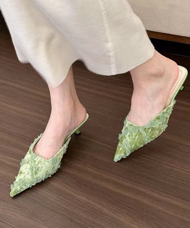 Fashion Floral Splicing Kitten Green Slide Sandals Pointed Toe JJ007 Shoe-LT240609