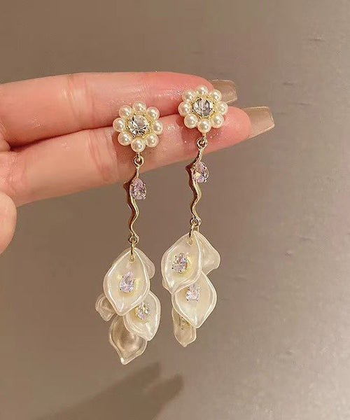 Alloy Zircon Pearl Drop Earrings Fashion Tassel Gold Floral FashionChic