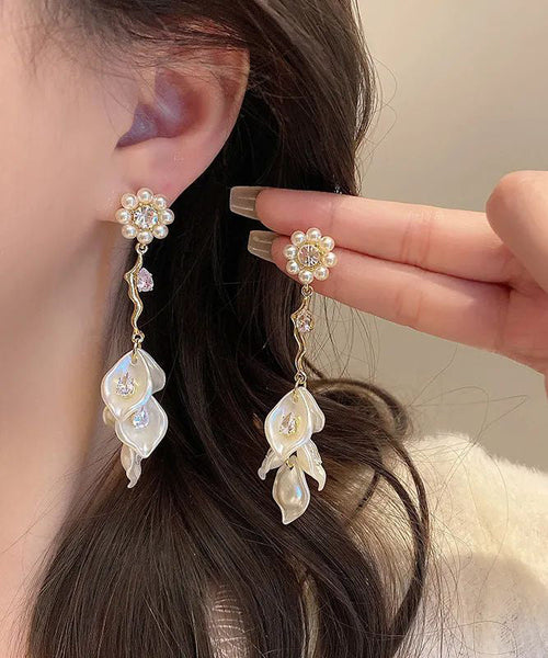 Alloy Zircon Pearl Drop Earrings Fashion Tassel Gold Floral FashionChic