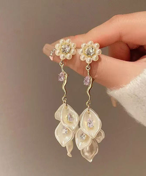 Alloy Zircon Pearl Drop Earrings Fashion Tassel Gold Floral FashionChic