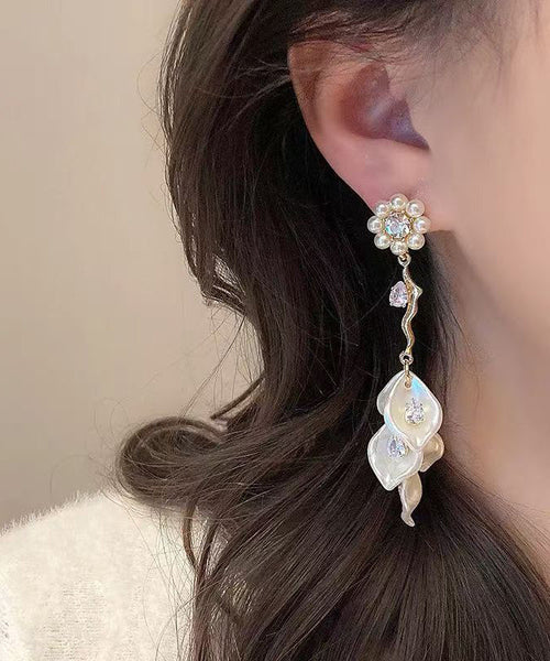 Alloy Zircon Pearl Drop Earrings Fashion Tassel Gold Floral FashionChic