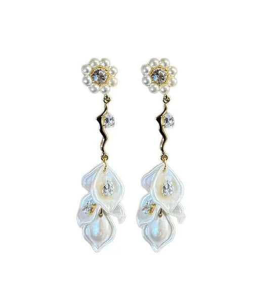 Alloy Zircon Pearl Drop Earrings Fashion Tassel Gold Floral FashionChic