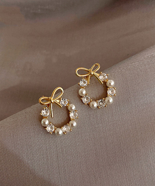 Fashion Gold Copper Alloy Pearl Bow Stud Earrings WP007 JEW-EAR241112