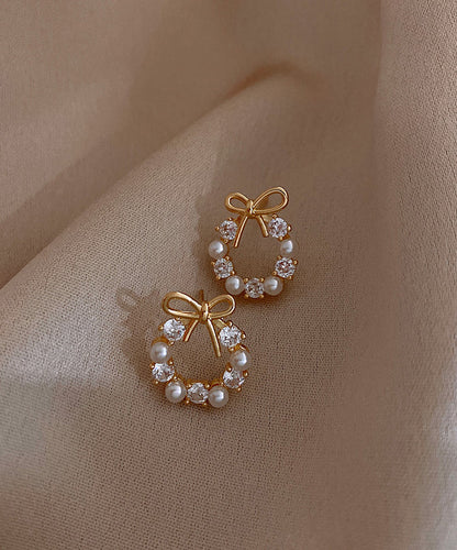 Fashion Gold Copper Alloy Pearl Bow Stud Earrings WP007 JEW-EAR241112